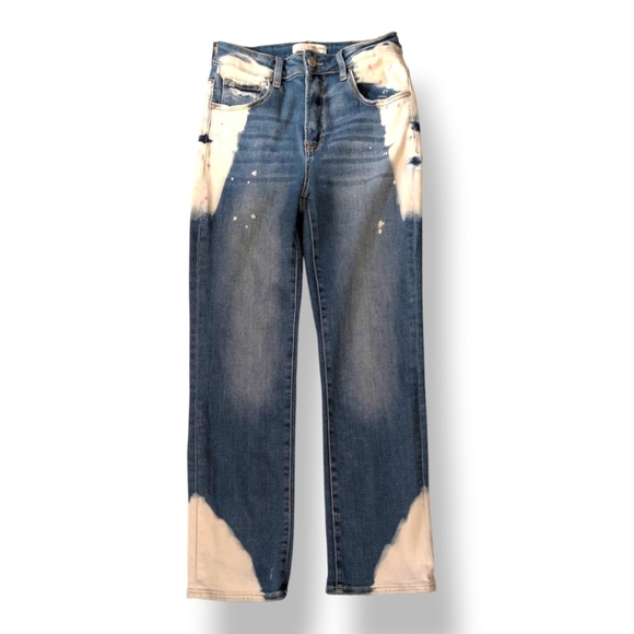 Risen Jeans Denim - Risen Two Tone Bleach Denim Jeans Size 27 Straight Leg High Rise Contrast Wash
